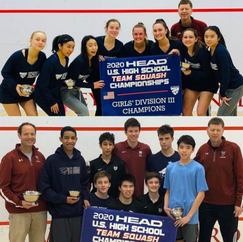 Champions! The varsity girls and boys squash teams after winning Nationals!
